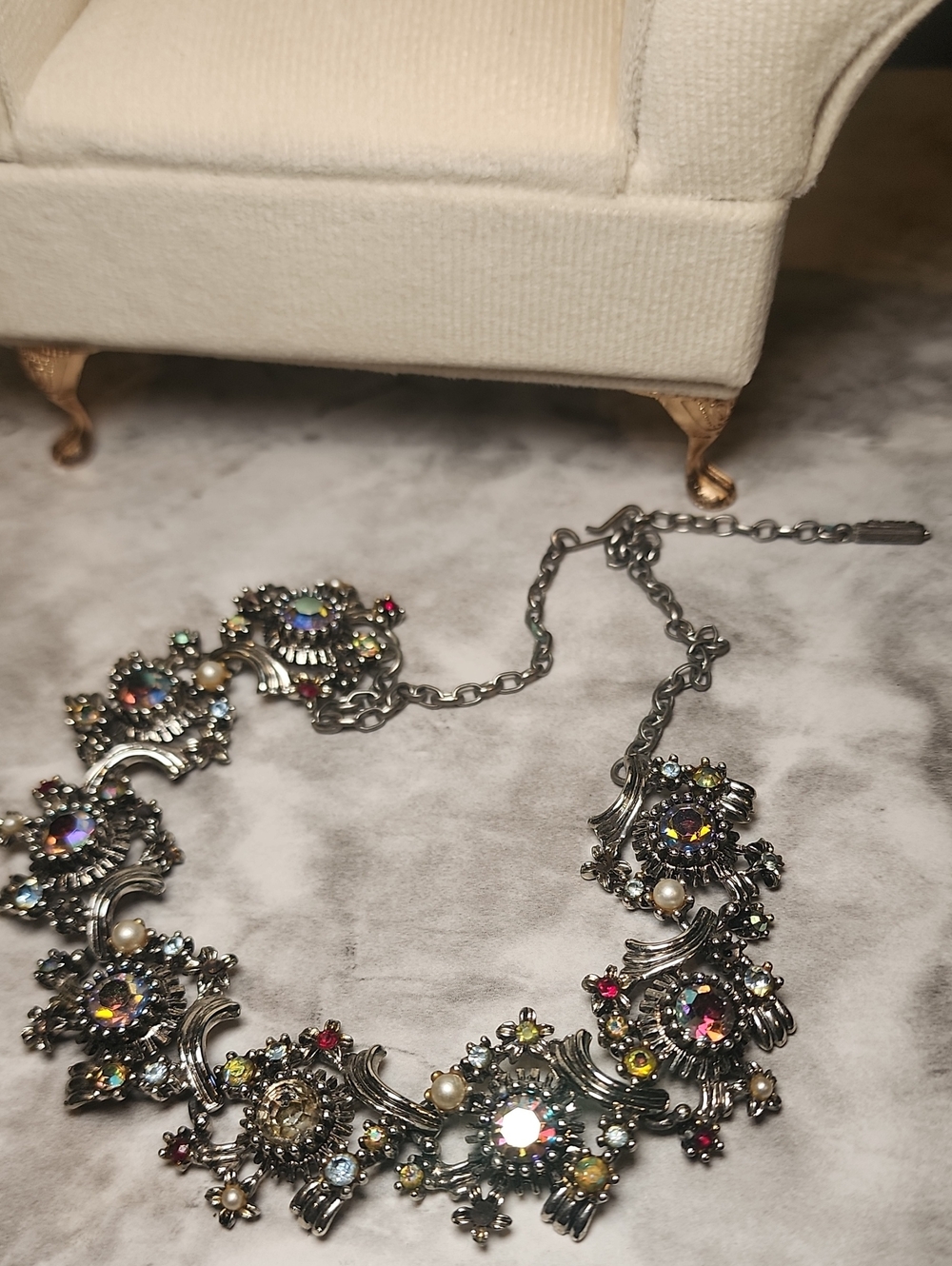Vintage Tara Gunmetal Crystal Floral Necklace